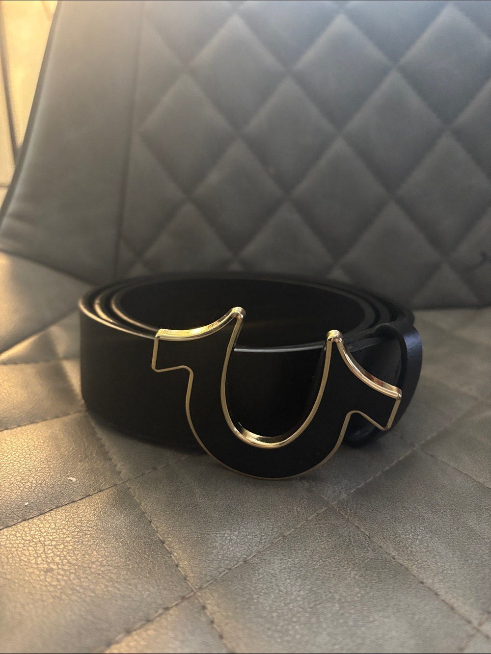 True Religion Black Leather Belt with Gold Horseshoe Buckle